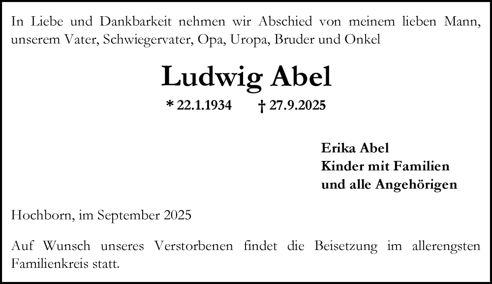  Traueranzeige für Ludwig Abel vom 18.10.2025 aus Allgemeine Zeitung Alzey