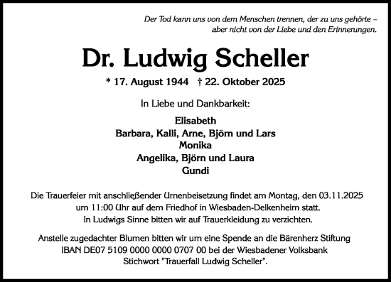 Traueranzeige von Ludwig Scheller von Wiesbadener Kurier