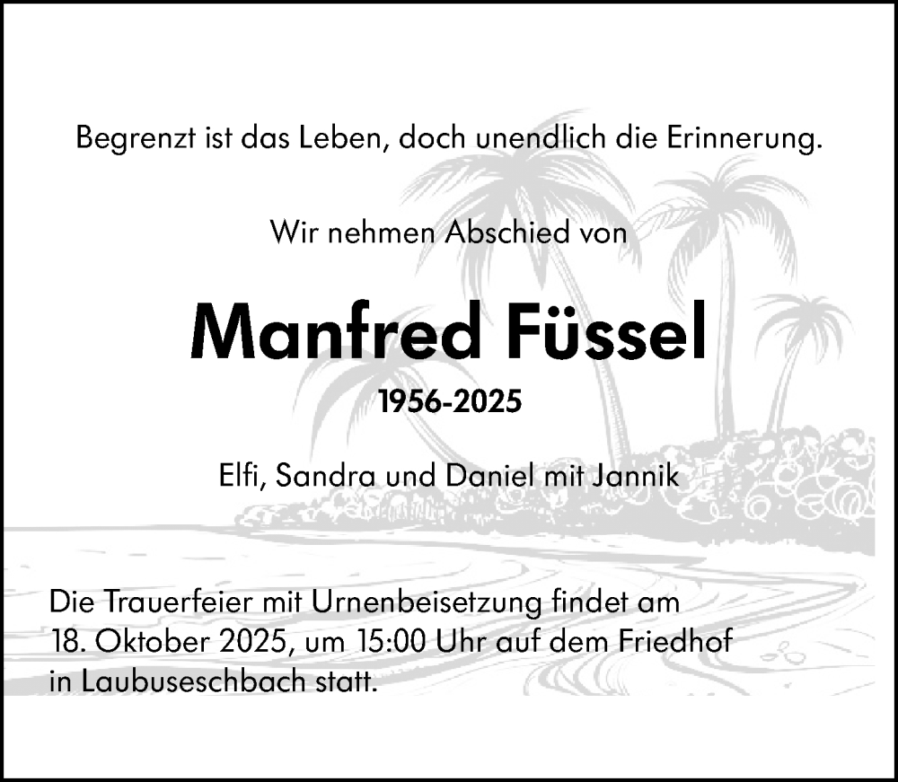  Traueranzeige für Manfred Füssel vom 15.10.2025 aus Weilburger Tageblatt