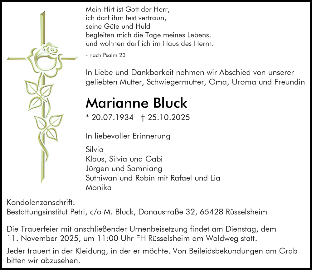  Traueranzeige für Marianne Bluck vom 01.11.2025 aus Rüsselsheimer Echo