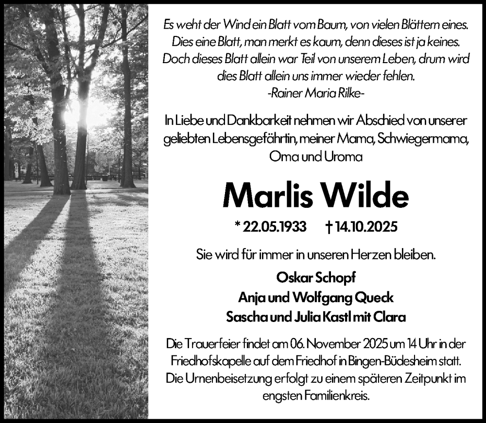  Traueranzeige für Marlis Wilde vom 31.10.2025 aus Binger-/Ingelheimer Wochenblatt
