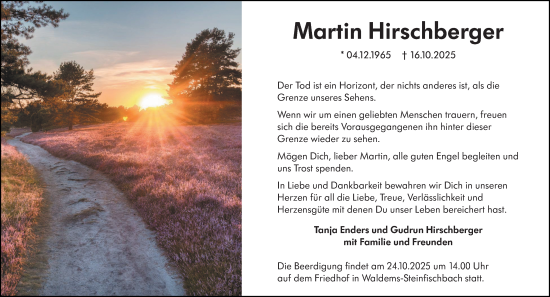 Traueranzeige von Martin Hirschberger von Camberger Anzeiger