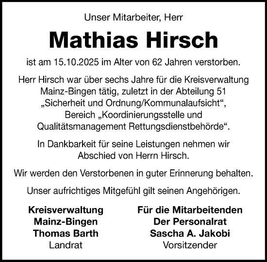 Traueranzeige von Mathias Hirsch von Allgemeine Zeitung Mainz