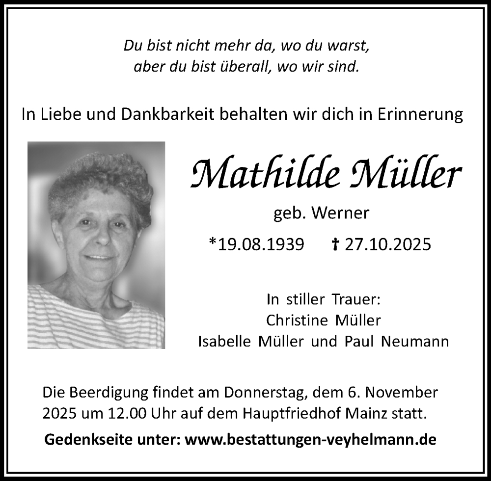  Traueranzeige für Mathilde Müller vom 31.10.2025 aus Allgemeine Zeitung Mainz