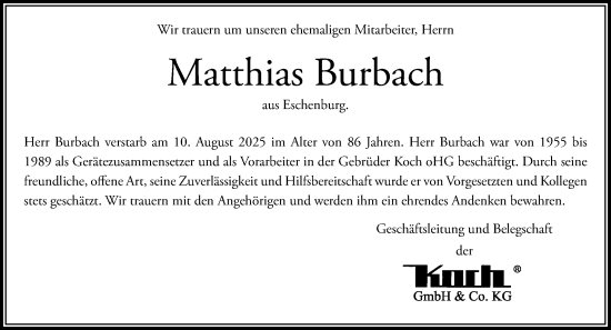 Traueranzeige von Matthias Burbach von Dill Block