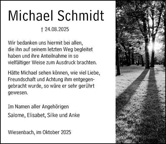 Traueranzeige von Michael Schmidt von Hinterländer Anzeiger