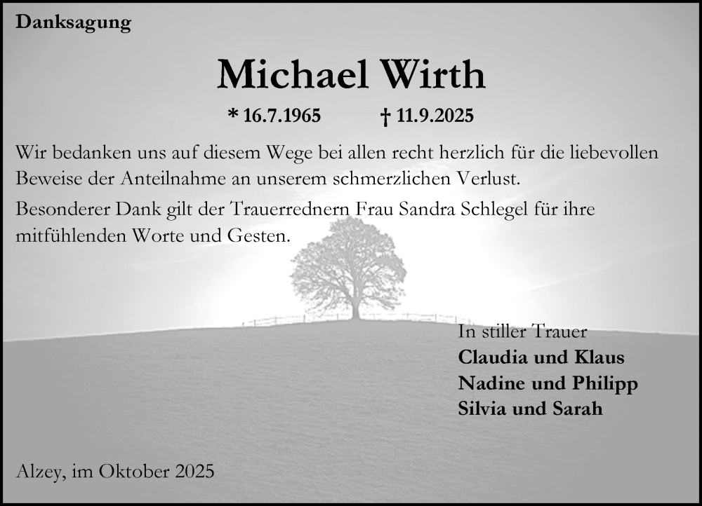  Traueranzeige für Michael Wirth vom 31.10.2025 aus Allgemeine Zeitung Alzey