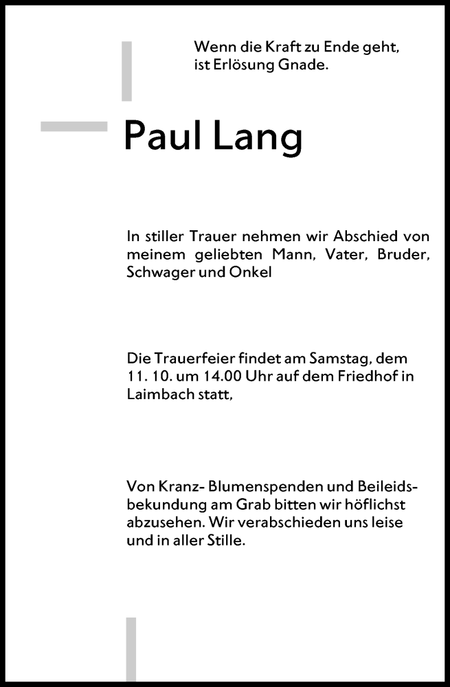  Traueranzeige für Paul Lang vom 09.10.2025 aus Weilburger Tageblatt