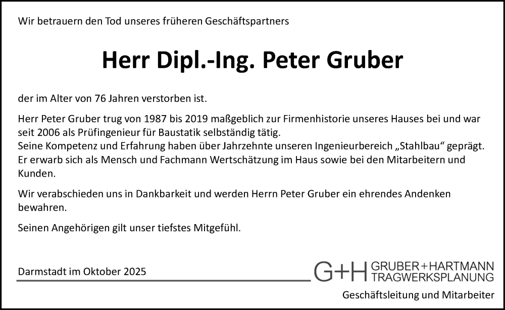  Traueranzeige für Peter Gruber vom 25.10.2025 aus Darmstädter Echo