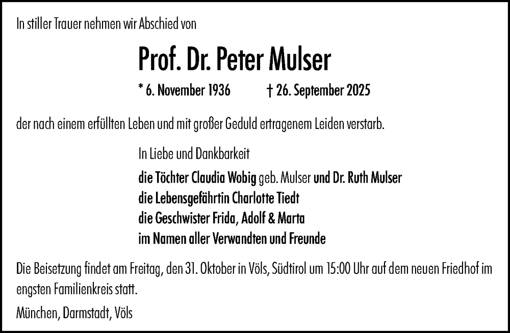  Traueranzeige für Peter Mulser vom 25.10.2025 aus Darmstädter Echo