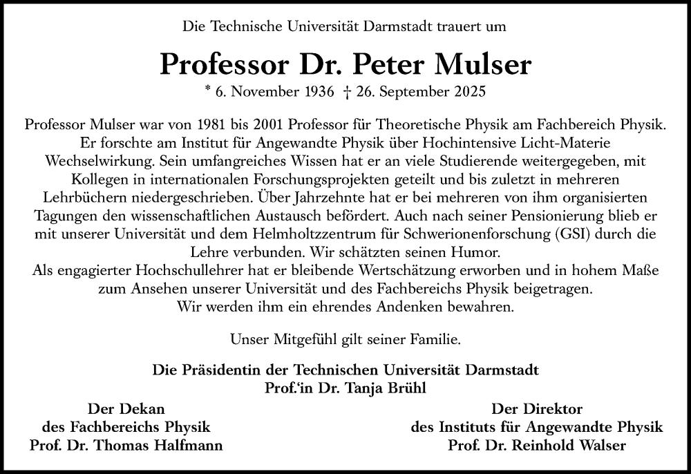  Traueranzeige für Peter Mulser vom 25.10.2025 aus Darmstädter Echo