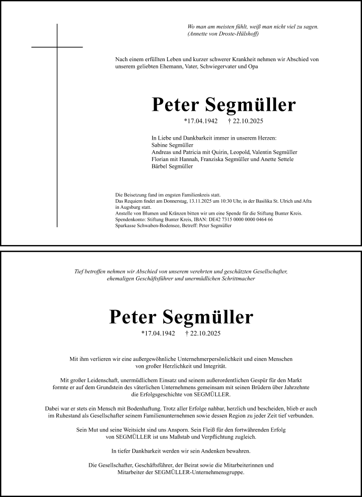  Traueranzeige für Peter Segmüller vom 01.11.2025 aus Dieburger Anzeiger/Groß-Zimmerner Lokal-Anzeiger