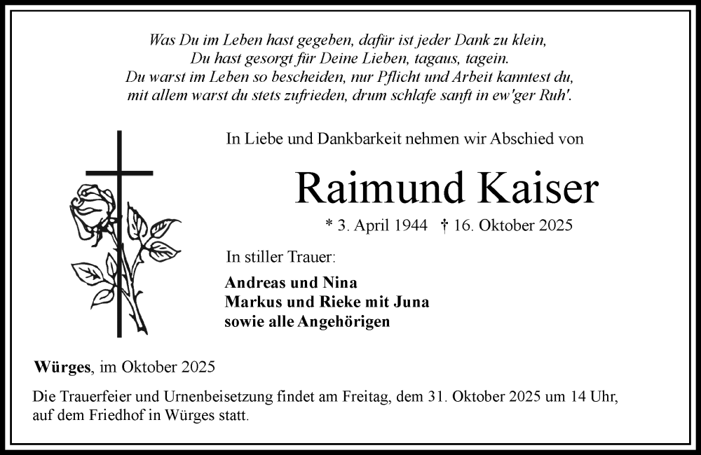  Traueranzeige für Raimund Kaiser vom 23.10.2025 aus Camberger Anzeiger