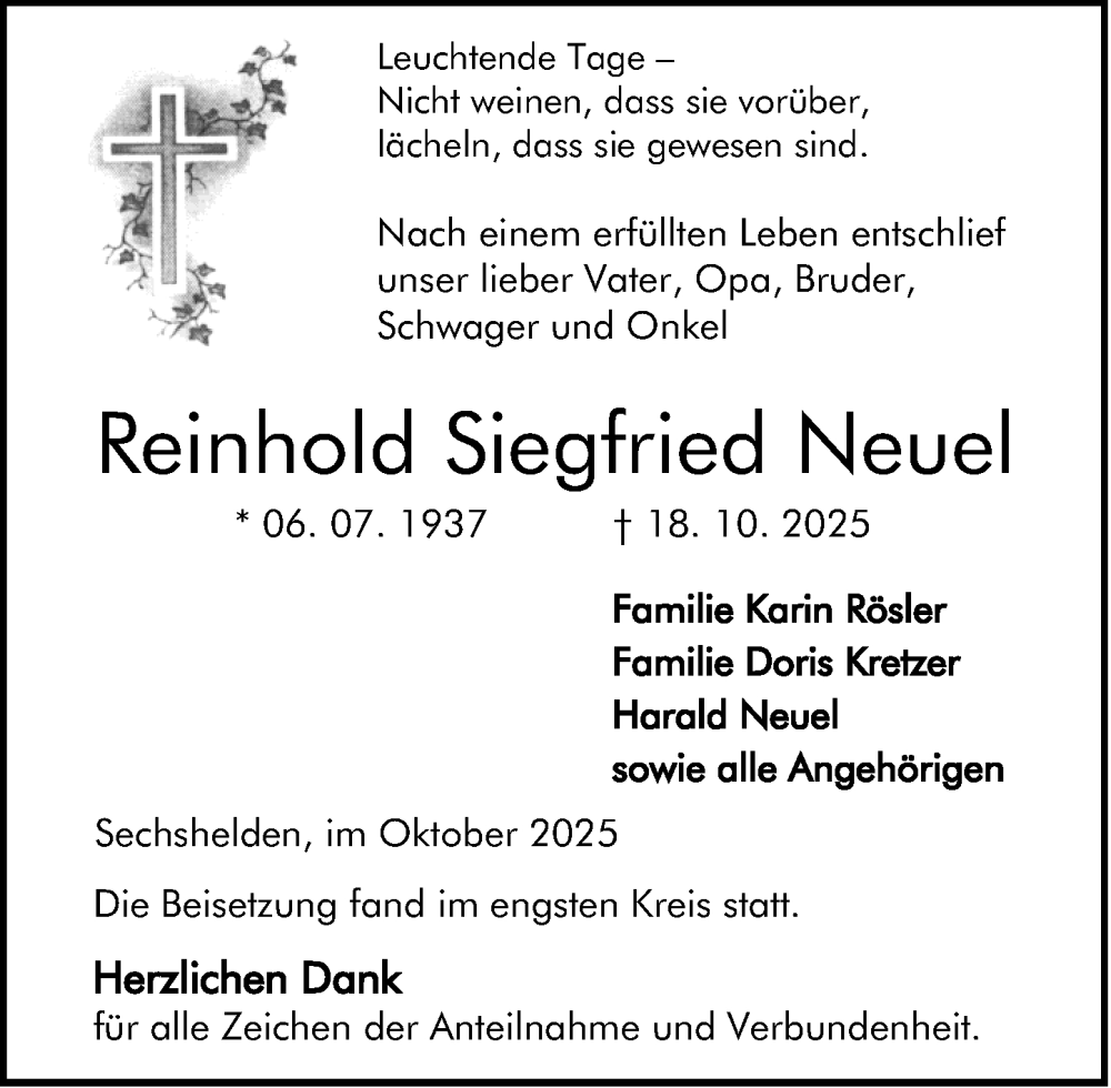  Traueranzeige für Reinhold Siegfried Neuel vom 01.11.2025 aus Dill Block
