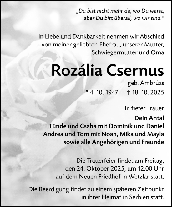 Traueranzeige von Rozália Csernus von Wetzlarer Neue Zeitung