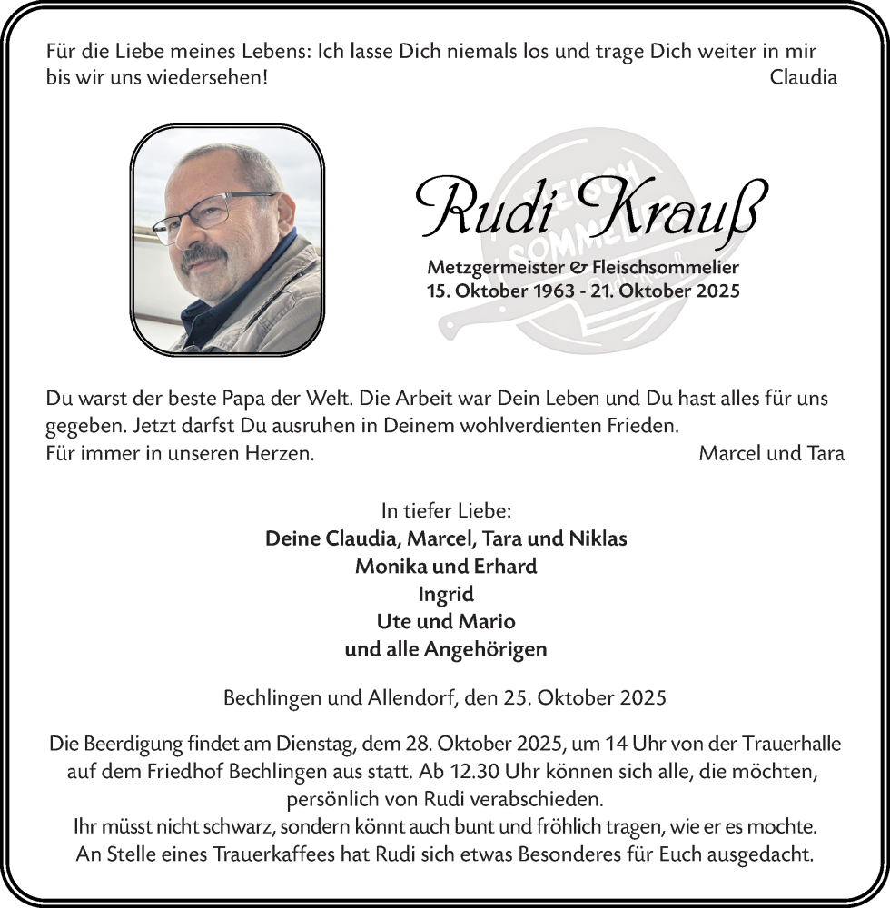  Traueranzeige für Rudi Krauß vom 25.10.2025 aus Wetzlarer Neue Zeitung