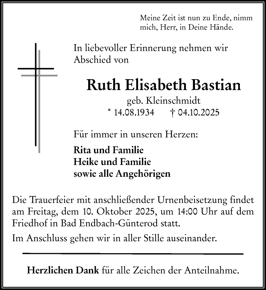  Traueranzeige für Ruth Elisabeth Bastian vom 08.10.2025 aus Hinterländer Anzeiger