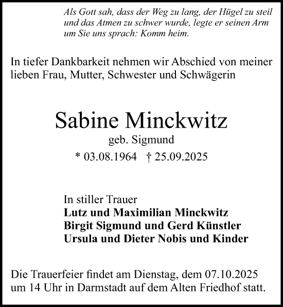 Traueranzeige von Sabine Minckwitz von Darmstädter Echo