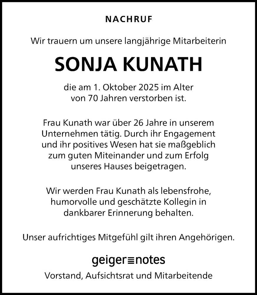  Traueranzeige für Sonja Kunath vom 25.10.2025 aus Wiesbadener Kurier