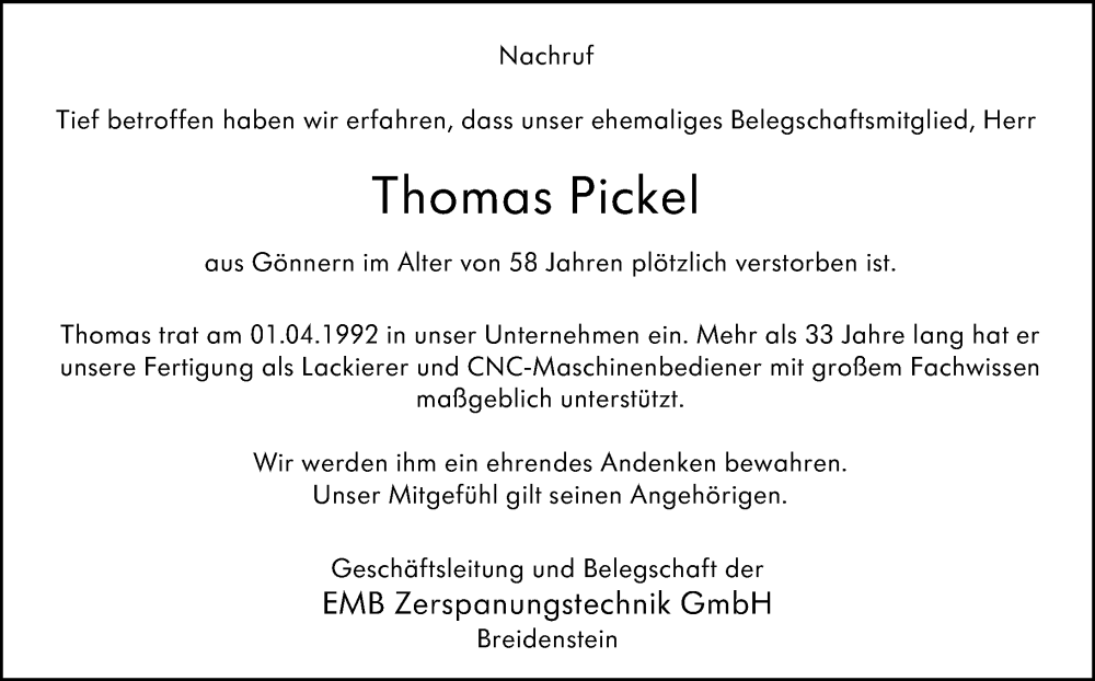  Traueranzeige für Thomas Pickel vom 30.10.2025 aus Hinterländer Anzeiger