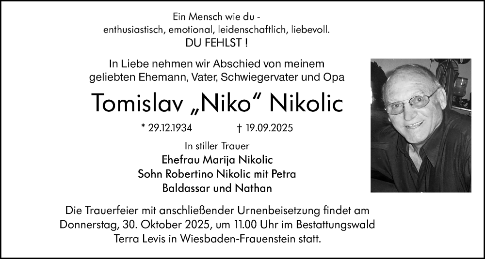  Traueranzeige für Tomislav Nikolic vom 25.10.2025 aus Wiesbadener Kurier