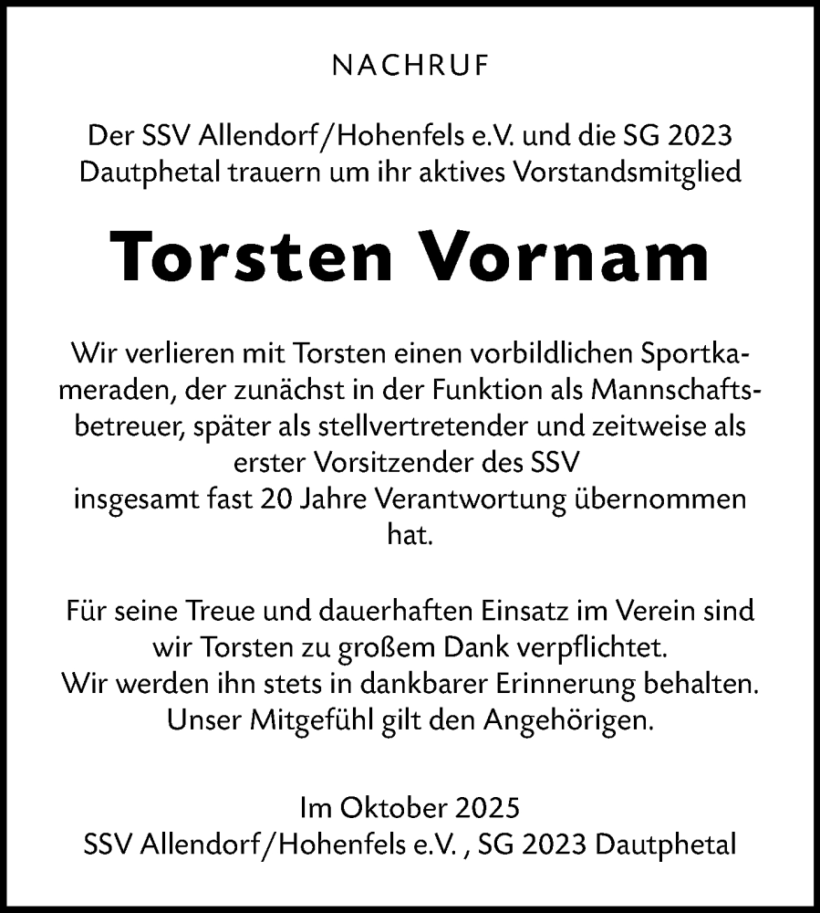  Traueranzeige für Torsten Vornam vom 20.10.2025 aus Hinterländer Anzeiger