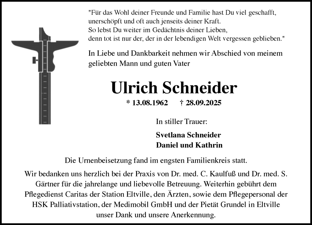  Traueranzeige für Ulrich Schneider vom 18.10.2025 aus Rheingau Kurier