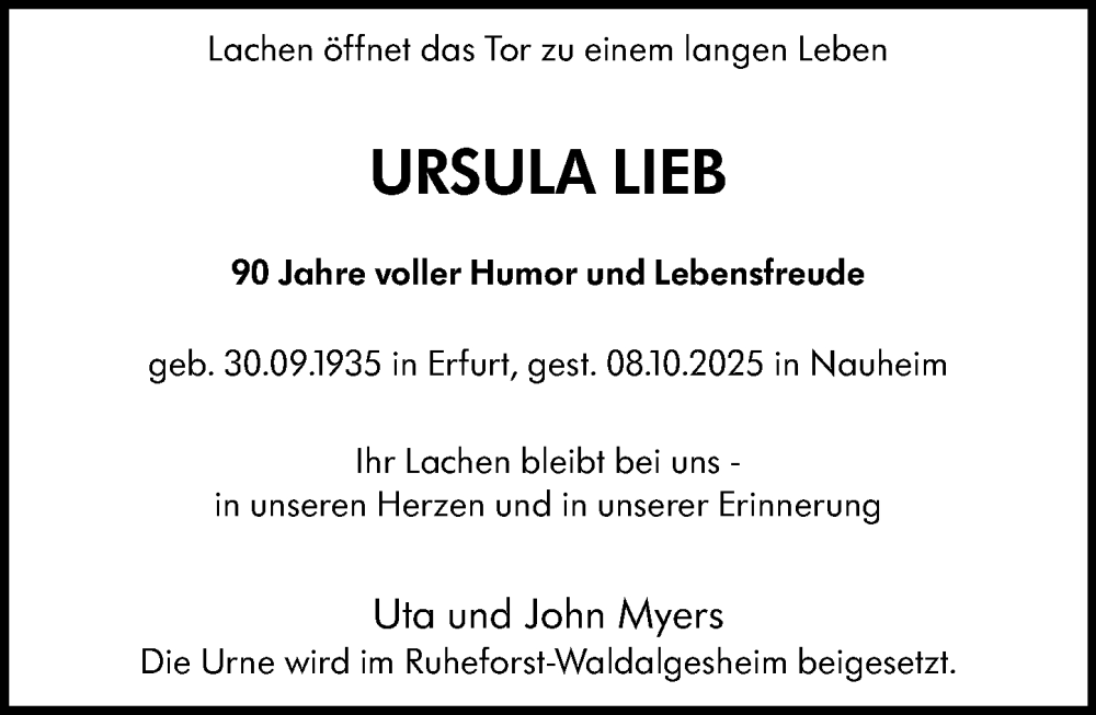  Traueranzeige für Ursula Lieb vom 25.10.2025 aus Rüsselsheimer Echo
