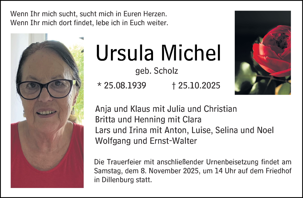  Traueranzeige für Ursula Michel vom 01.11.2025 aus Dill Block