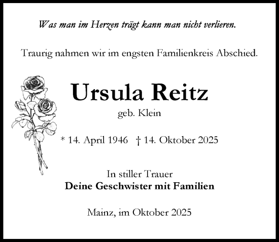 Traueranzeige von Ursula Reitz von Allgemeine Zeitung Mainz