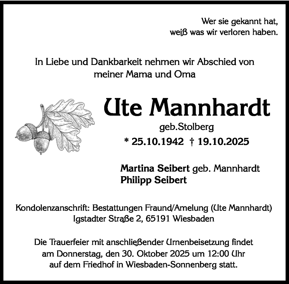  Traueranzeige für Ute Mannhardt vom 25.10.2025 aus Wiesbadener Kurier