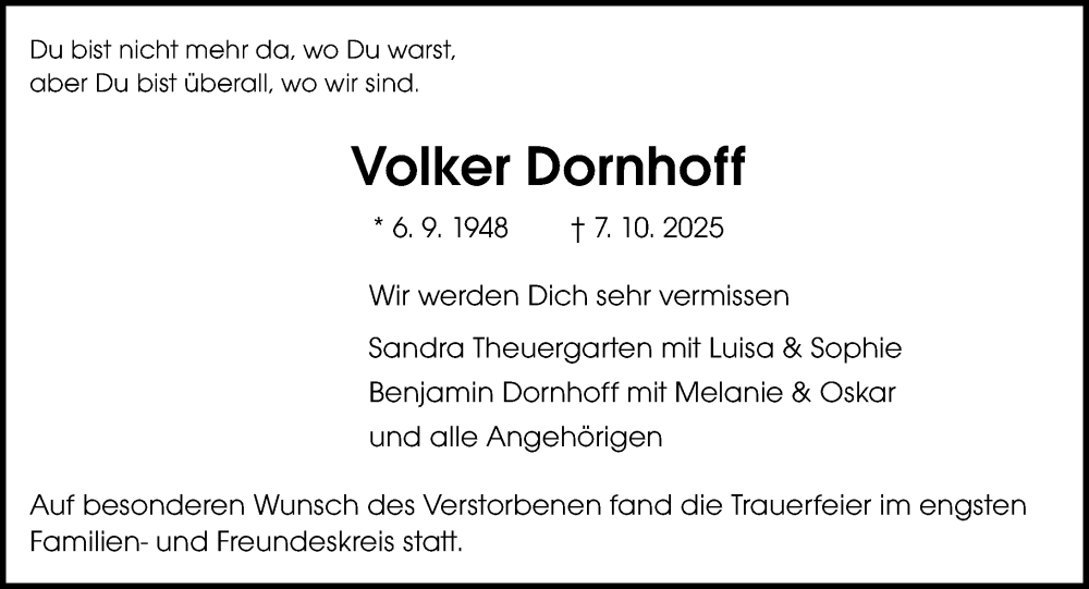  Traueranzeige für Volker Dornhoff vom 18.10.2025 aus Darmstädter Echo