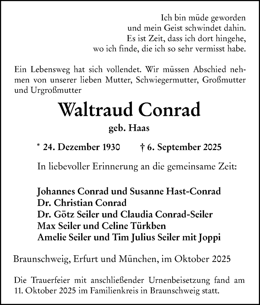  Traueranzeige für Waltraud Conrad vom 25.10.2025 aus Dill Block