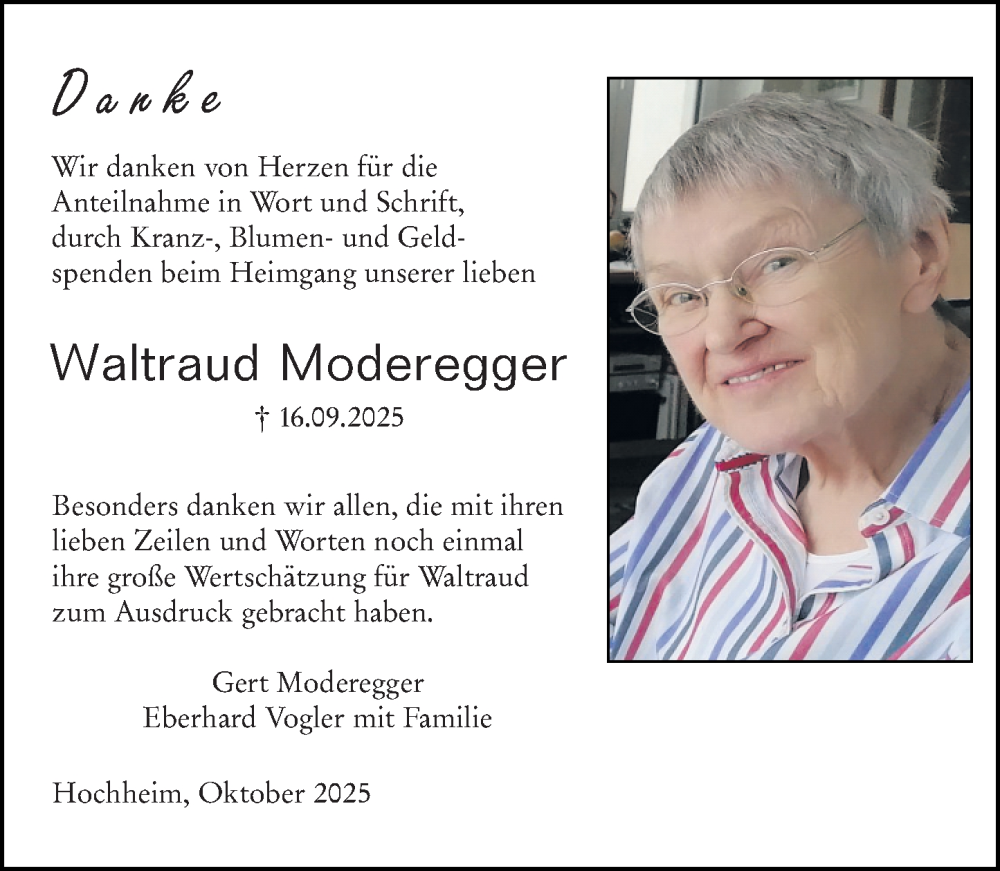  Traueranzeige für Waltraud Moderegger vom 18.10.2025 aus Wiesbadener Kurier