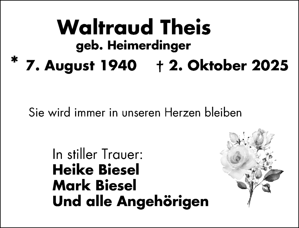  Traueranzeige für Waltraud Theis vom 18.10.2025 aus Wiesbadener Kurier