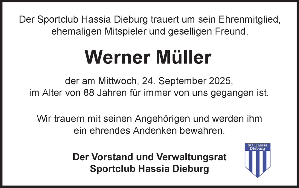  Traueranzeige für Werner Müller vom 25.10.2025 aus Dieburger Anzeiger/Groß-Zimmerner Lokal-Anzeiger