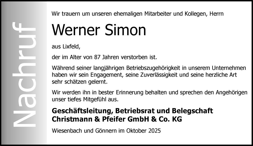  Traueranzeige für Werner Simon vom 29.10.2025 aus Hinterländer Anzeiger