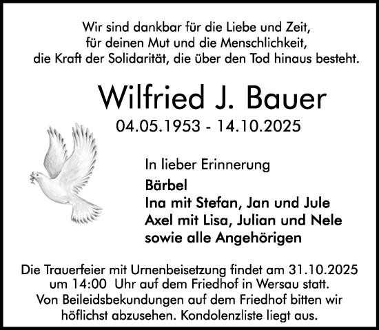 Traueranzeige von Wilfried J. Bauer von Odenwälder Echo