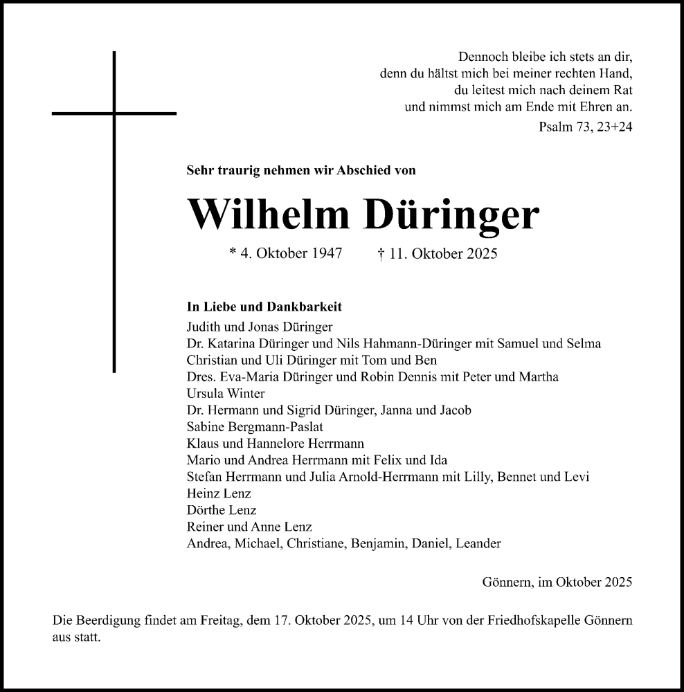  Traueranzeige für Wilhelm Düringer vom 15.10.2025 aus Hinterländer Anzeiger