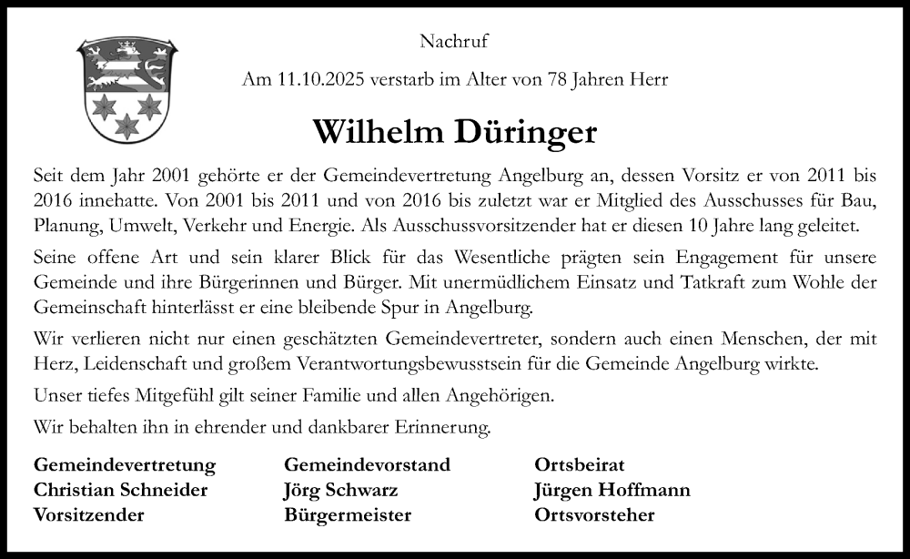  Traueranzeige für Wilhelm Düringer vom 18.10.2025 aus Hinterländer Anzeiger