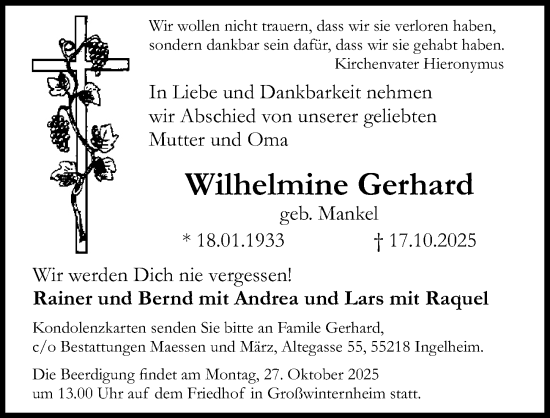 Traueranzeige von Wilhelmine Gerhard von Allgemeine Zeitung Rheinhessen-Nahe