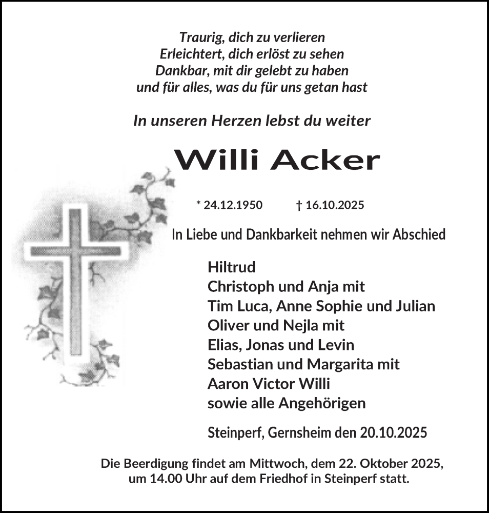  Traueranzeige für Willi Acker vom 20.10.2025 aus Hinterländer Anzeiger