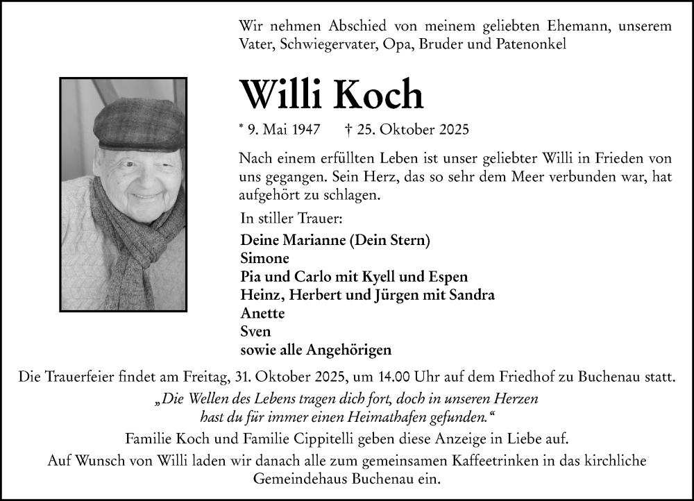  Traueranzeige für Willi Koch vom 30.10.2025 aus Hinterländer Anzeiger