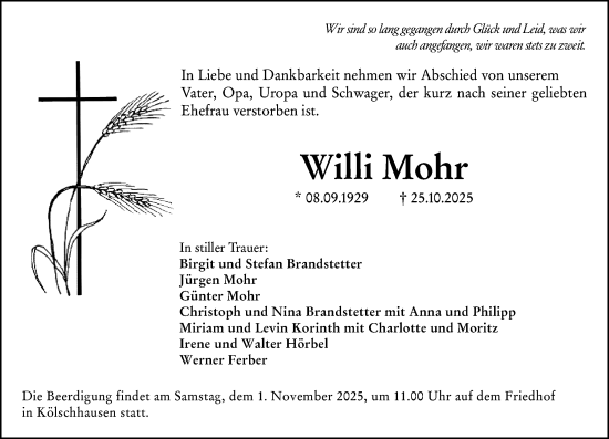 Traueranzeige von Willi Mohr von Wetzlarer Neue Zeitung