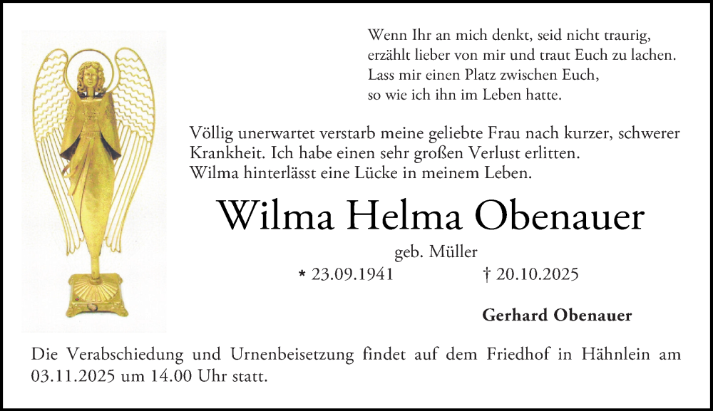  Traueranzeige für Wilma Helma Obenauer vom 01.11.2025 aus Darmstädter Echo