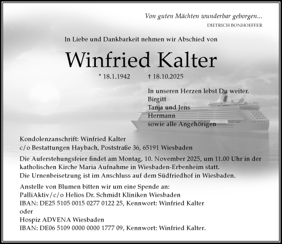 Traueranzeige von Winfried Kalter von Wiesbadener Kurier