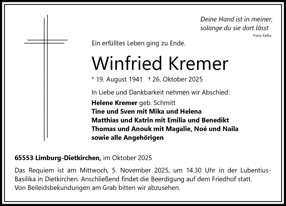  Traueranzeige für Winfried Kremer vom 01.11.2025 aus Nassauische Neue Presse