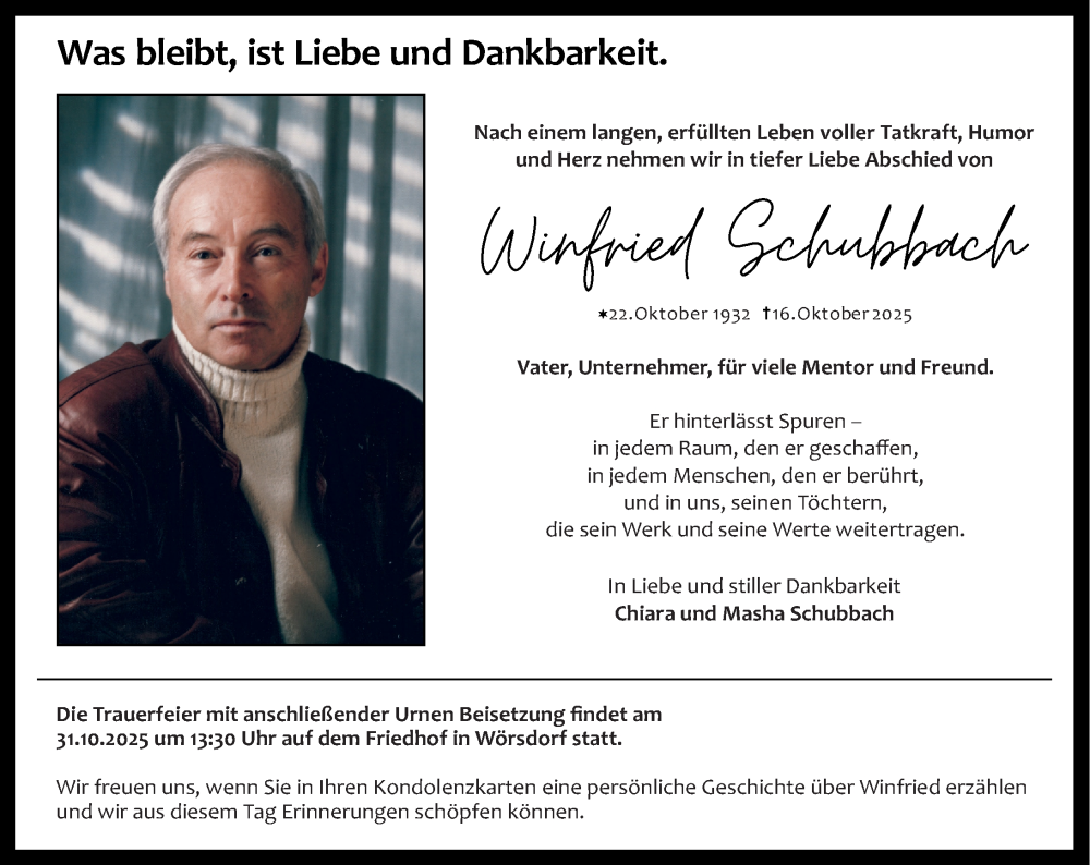  Traueranzeige für Winfried Schubbach vom 25.10.2025 aus Idsteiner Land/Untertaunus