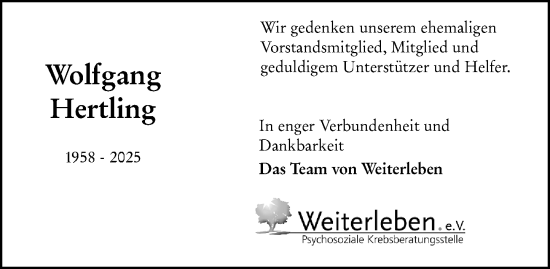 Traueranzeige von Wolfgang Hertling von Darmstädter Echo