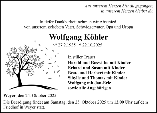 Traueranzeige von Wolfgang Köhler von Weilburger Tageblatt